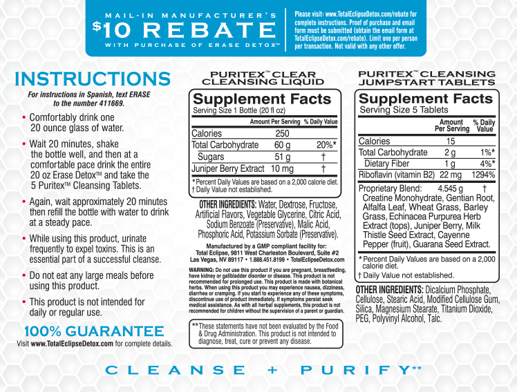 Total Eclipse Erase Detox Clear Cleansing Drink & Capsules Two Flavors - 20 Ounce - Same Day Detox